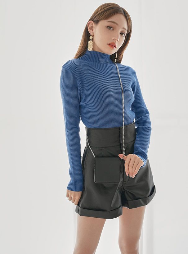 日本 GRL - 立領顯瘦彈性羅紋長袖上衣-皇家藍