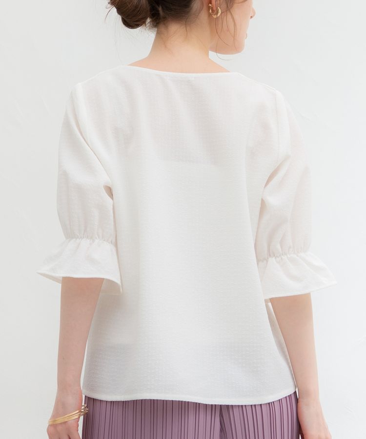 日本 Honeys - V領糖果袖七分袖襯衫上衣-格紋-黑