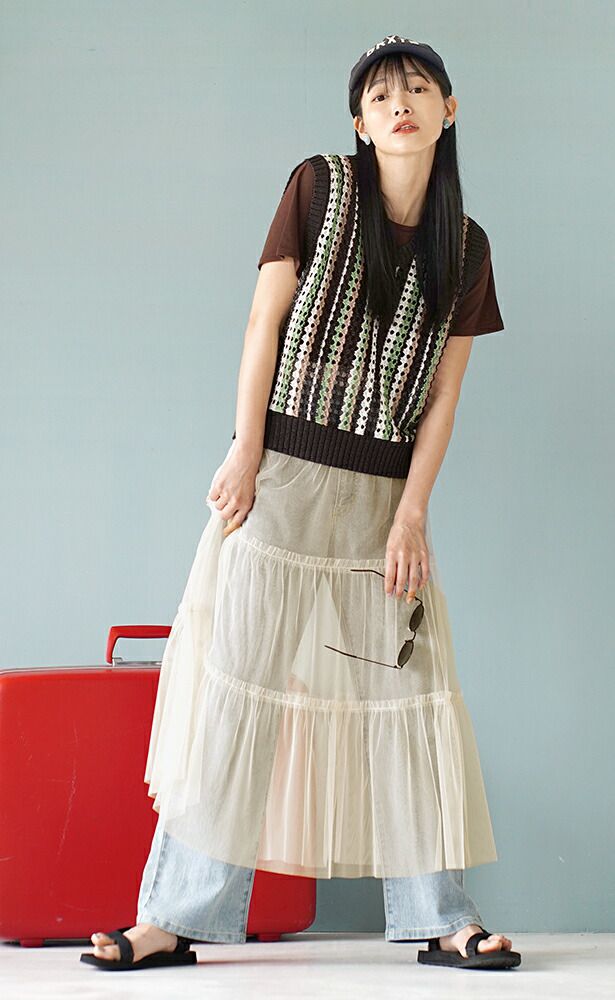日本 zootie - 層次穿搭透膚薄紗長裙-米杏