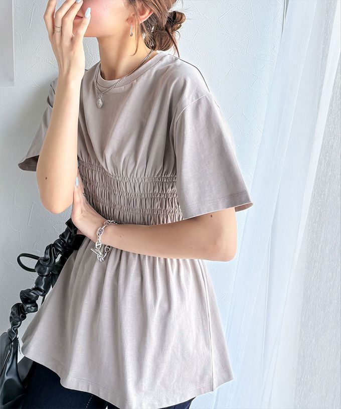 日本 Classical Elf - 魅力腰皺摺修身短袖上衣-淺棕