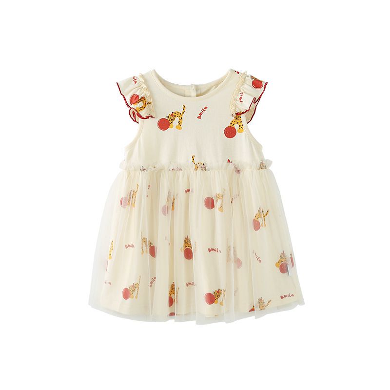 網紗公主袖連身洋裝-豹紋貓貓-白色