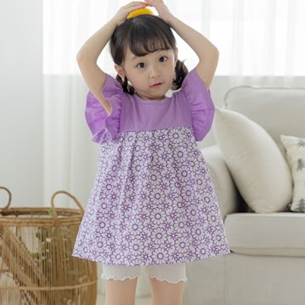 韓國 Orange Mom - 荷葉袖花花拼接洋裝-紫