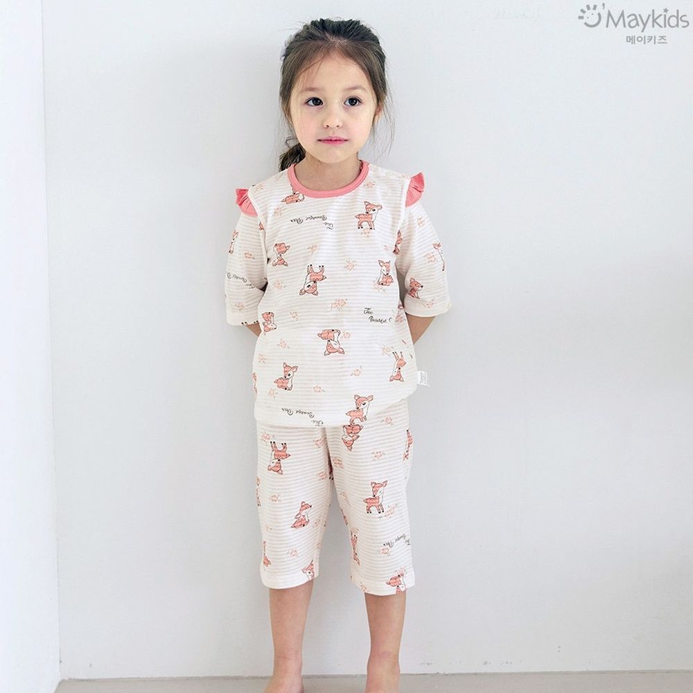 透氣條紋提花棉七分袖家居服-花花斑比-米膚X粉橘