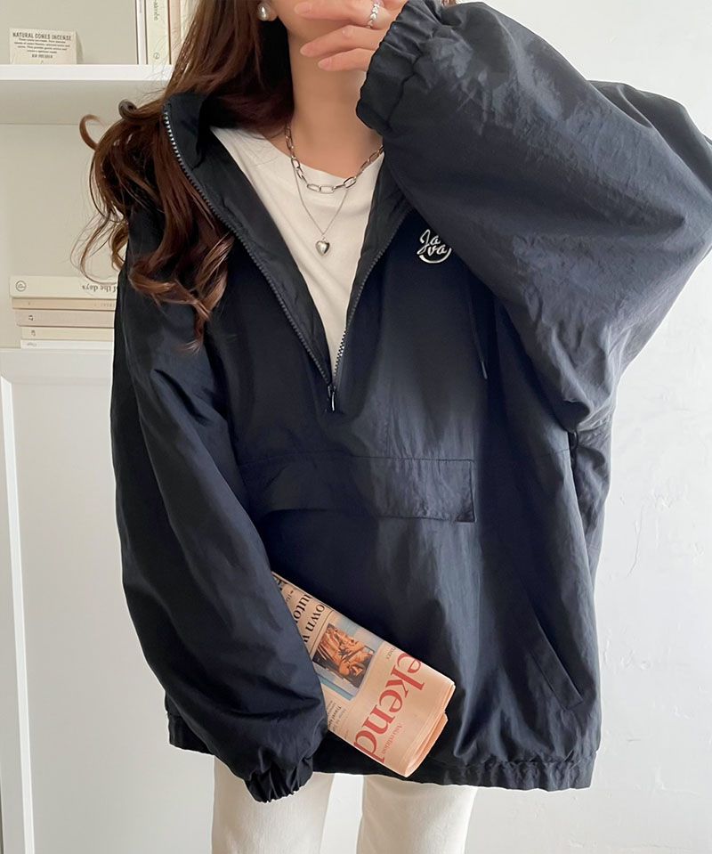 日本 Classical Elf - 刺繡防風前口袋鋪棉長袖上衣-摩卡