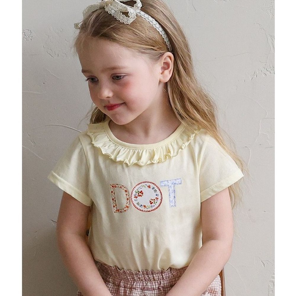 Puellaflo DOT小花印荷葉領純棉短袖上衣-淺黃