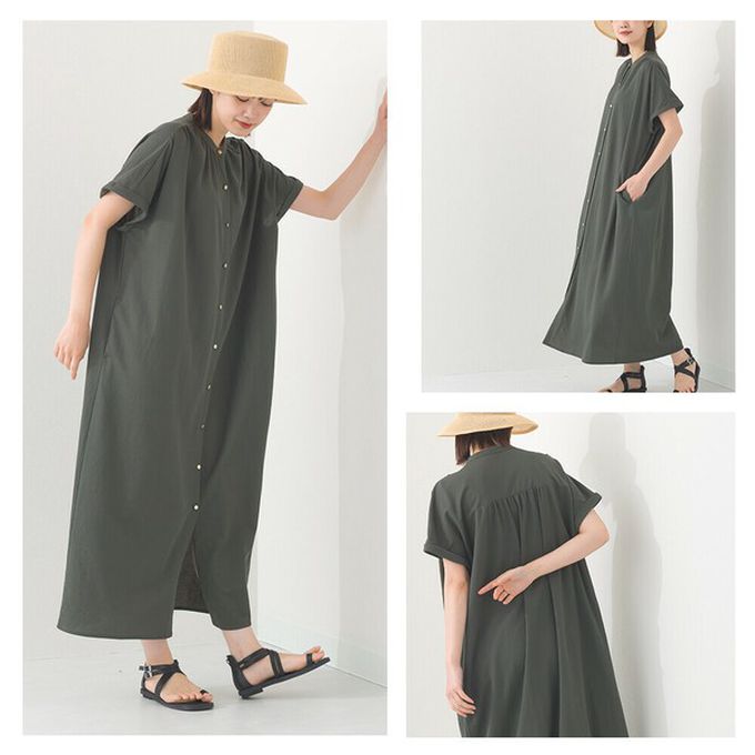 日本 OMNES - 接觸涼感 氣質金釦襯衫式短袖洋裝-黑