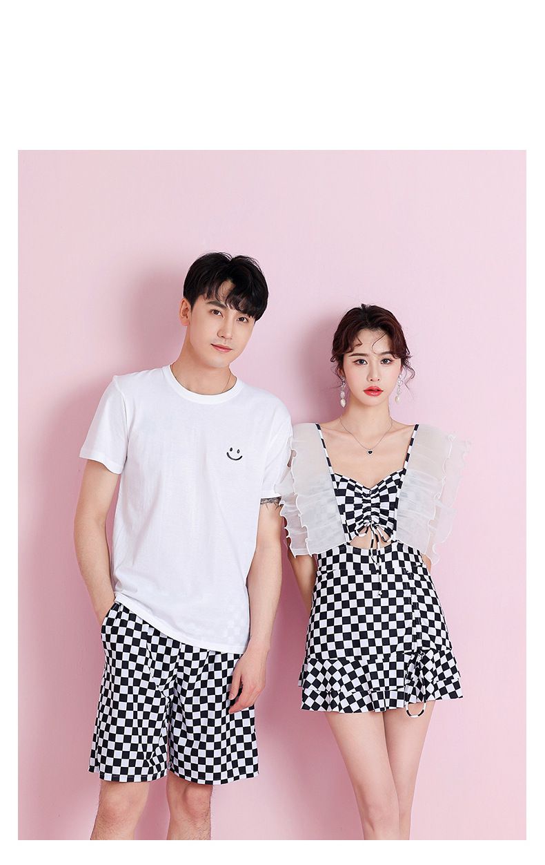 男士泳褲-格紋-黑+白