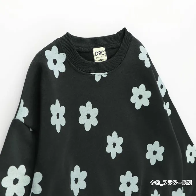 日本 BRANSHES - 裏起毛 可愛女孩縮口長袖上衣-滿版花朵-淺灰