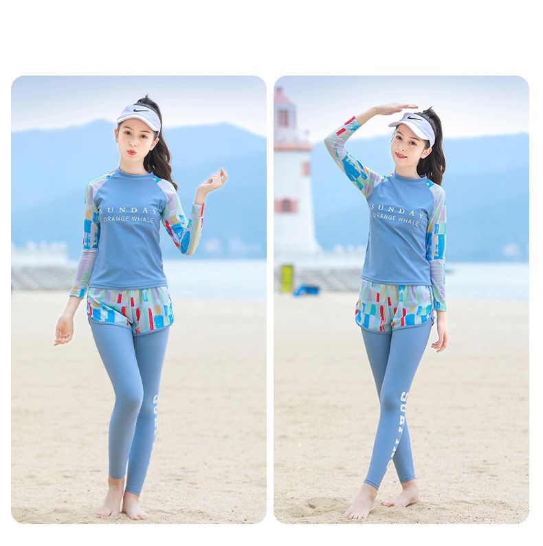 大童女孩速乾長袖泳衣套裝(三件組)-繽紛幾何-藍色-泳衣、長泳褲、短泳褲