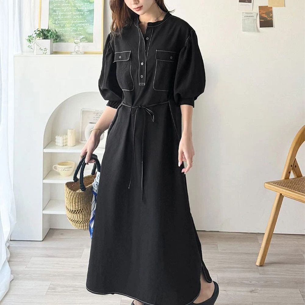 速乾抗皺 俐落領綁腰泡泡袖洋裝-黑