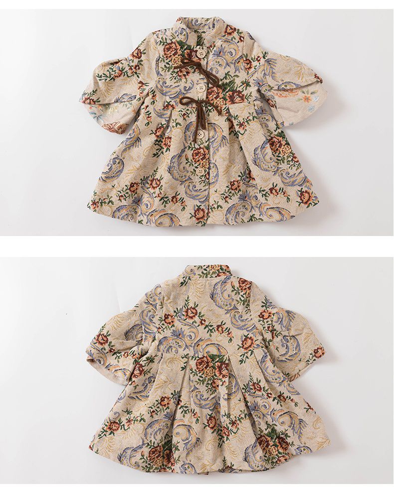 復古油畫風長版外套-花花-奶咖啡色