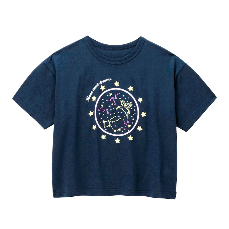 日本千趣會 - GITA 天竺棉短T(蓄光變色)-外星UFO與恐龍-水藍