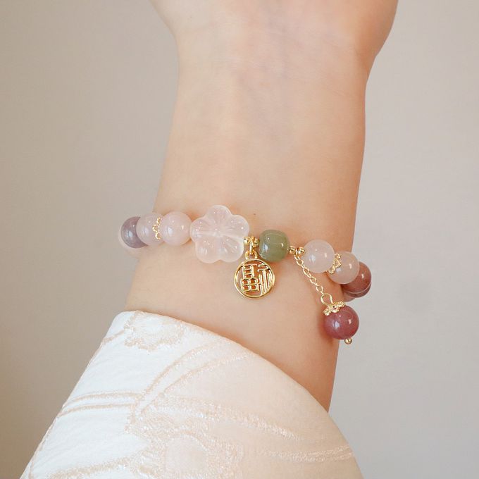 中式氣質天然紫太翠玉髓福氣花朵手鏈 新年過年開運串珠手鍊