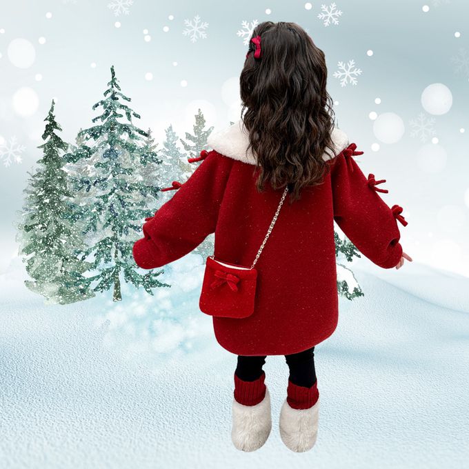 毛領大翻領仿羊絨長版外套 紅色外套大衣