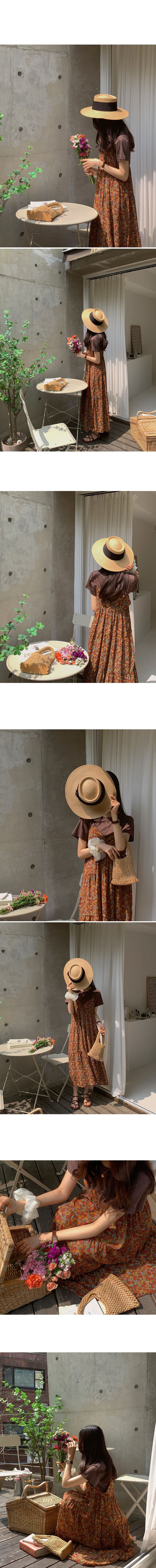 韓國女裝代購 - 復古花漾細肩帶連身洋裝-咖啡紅 (FREE)