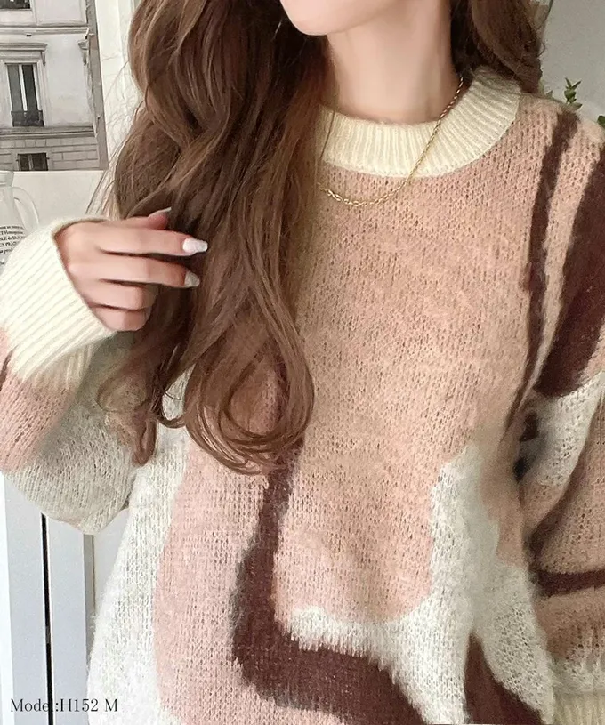 日本 Classical Elf - 歐風毛絨感波浪印花毛衣-橘x棕