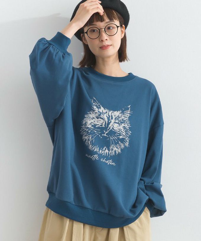 日本 Lupilien - 線條貓咪印花裏毛長袖上衣-藍