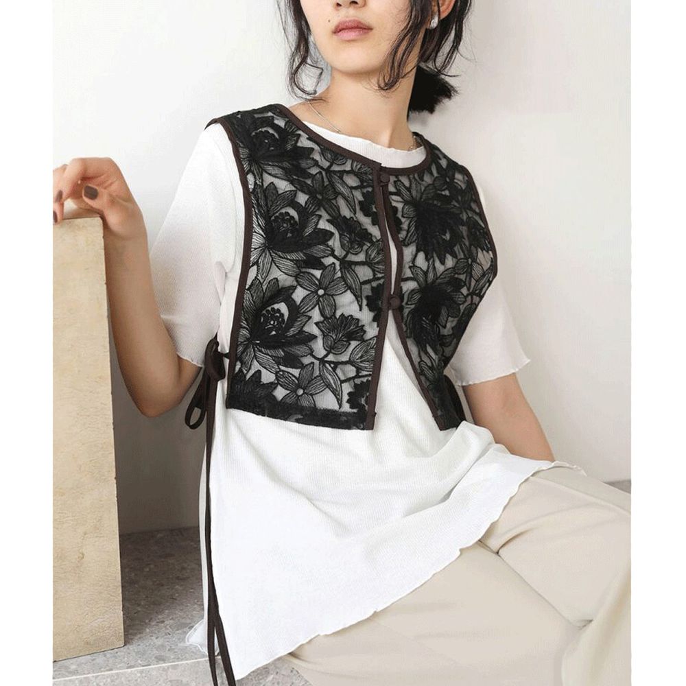 日本 Bou Jeloud - 3way蕾絲綁帶背心+素色短T兩件組-黑白