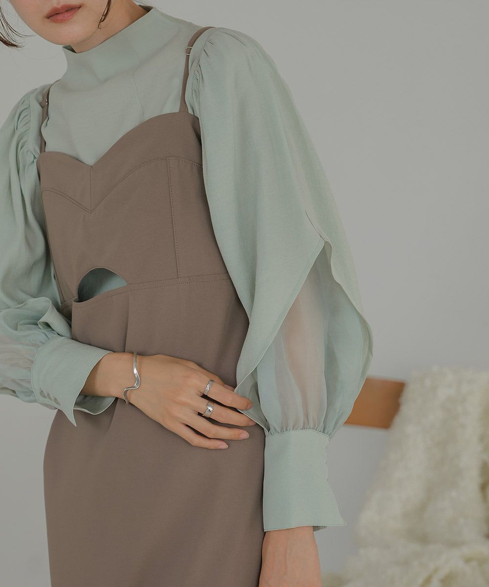 日本 Bab - 柔美紗拼接袖雪紡上衣-深可可