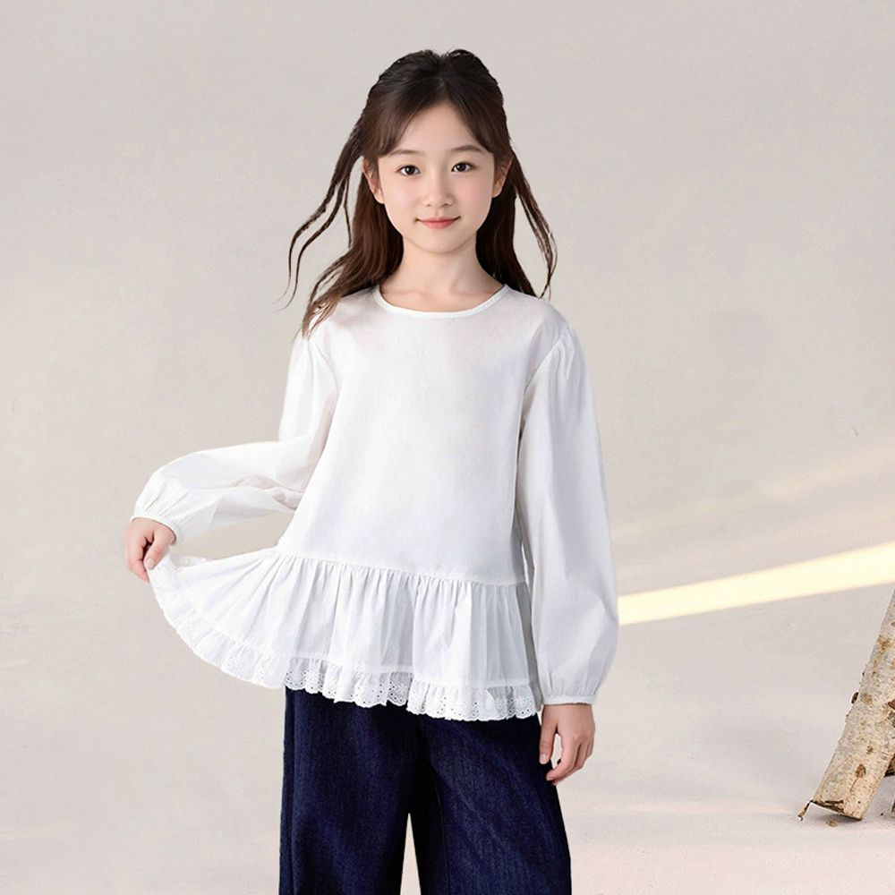 純棉蕾絲下擺澎澎長袖襯衫-白色