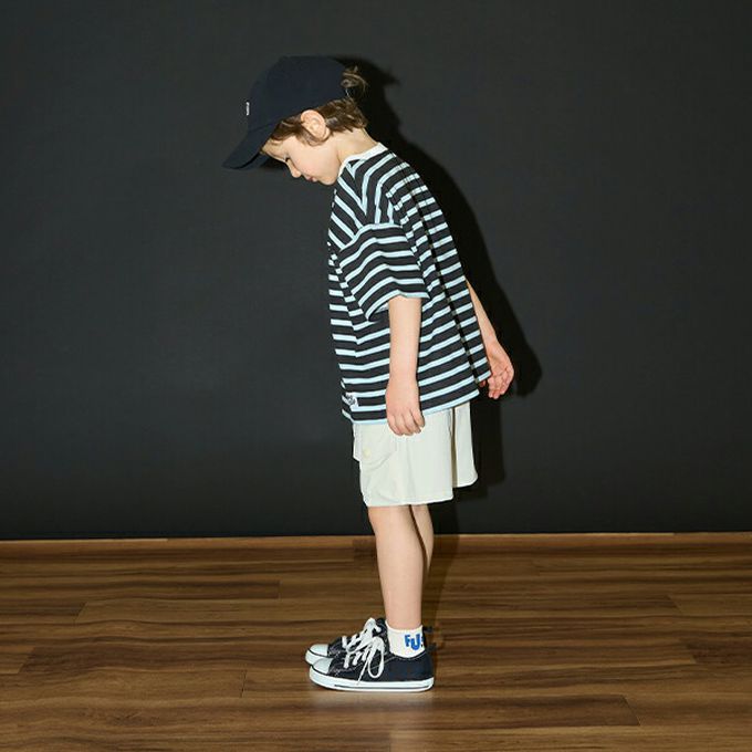 日本 b-ROOM - 柔軟不易皺條紋落肩短袖上衣-綠x紫