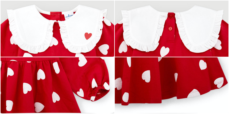 韓國 Jelispoon - 荷葉白領滿版愛心縮腰洋裝-紅