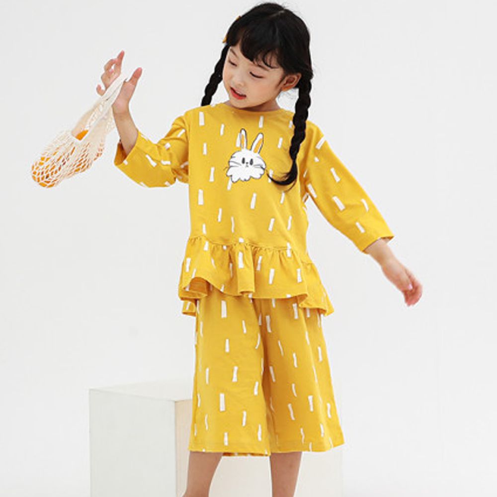 韓國 Ppippilong - 純棉休閒女寶7分袖套裝-黃色小兔