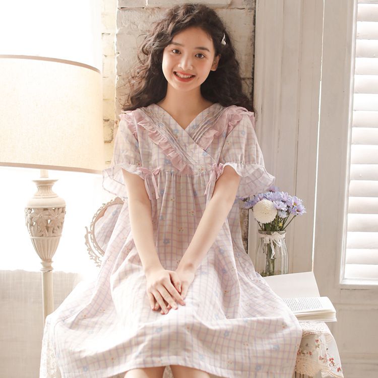 雙層棉紗布透氣短袖睡裙-小花格紋-粉紫色