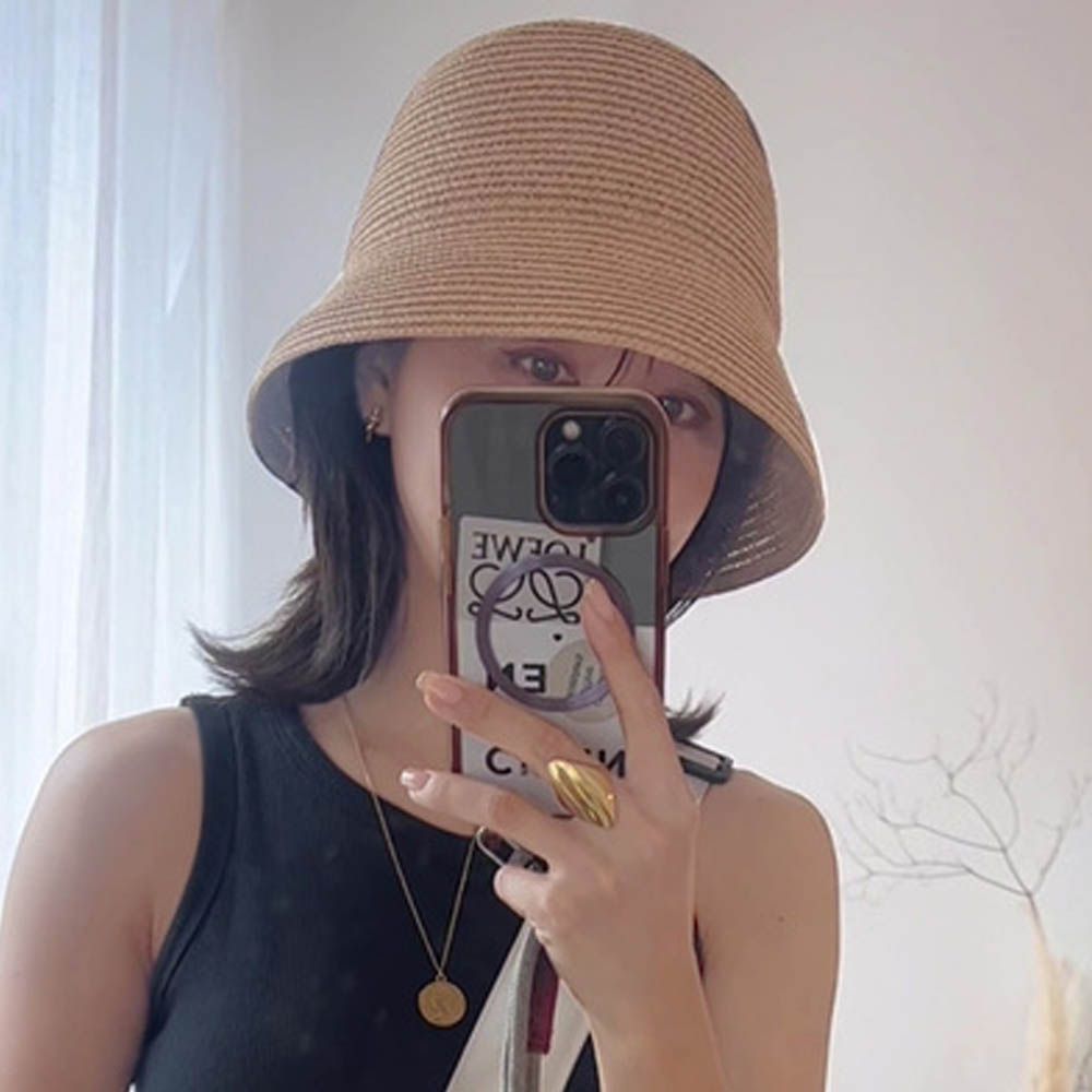 藤編風鐘型遮陽漁夫帽-淺卡其 (F)