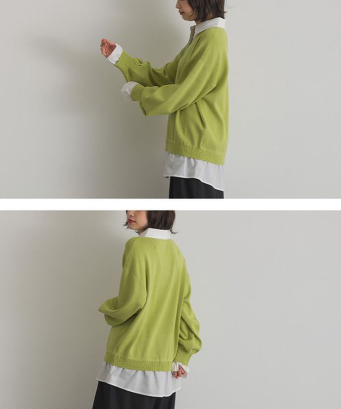 日本 ELENCARE DUE - 假二件襯衫領輕盈落肩長袖上衣-灰x藍