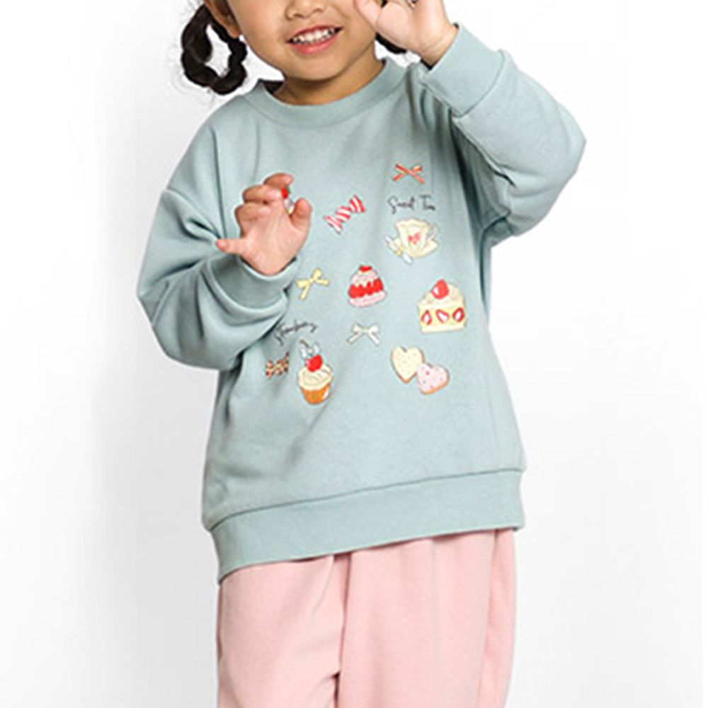 裏起毛俏皮印花長袖上衣-J甜蜜點心-薄荷藍