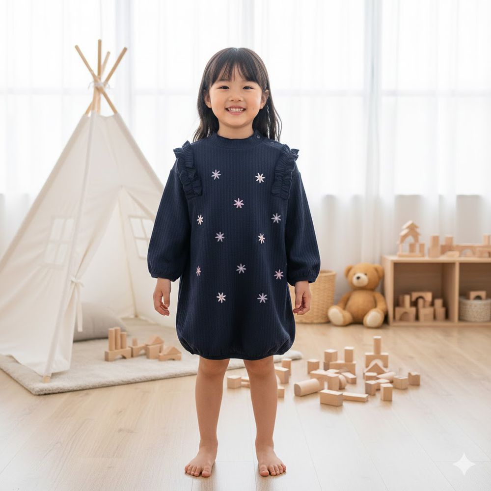 長袖洋裝-刺繡-深藍色