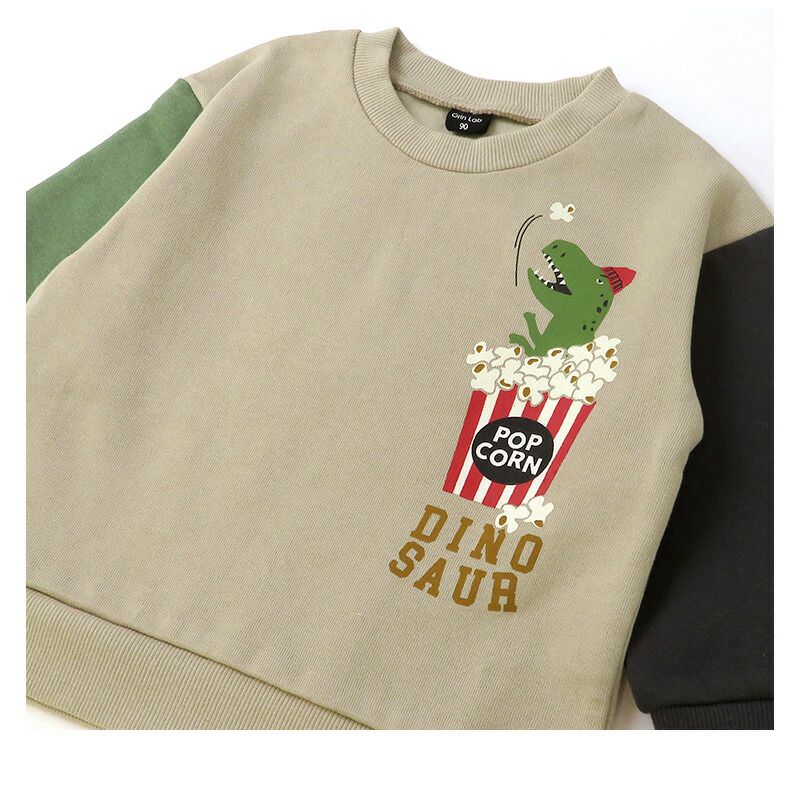 日本 ZOOLAND - 印花圓領保暖長袖上衣-恐龍騎車爆米花-開心果綠
