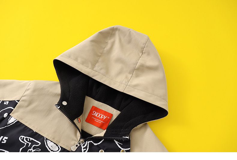 卡通人物史努比加絨連帽防風外套/衝鋒外套-滿印SNOOPY-藍綠色