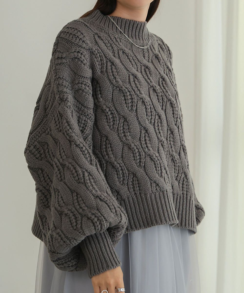 日本 Bab - 麻花編織圓領泡泡袖毛衣-粉膚