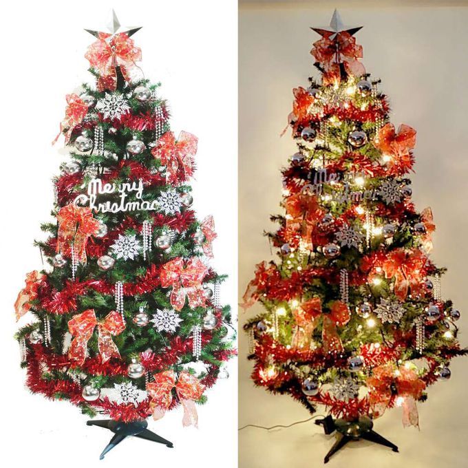 MODACore 摩達客 - 幸福8尺/8呎(240cm)一般型裝飾綠色聖誕樹+銀雪花紅系配件+100燈LED燈暖白光3串(贈IC控制器)