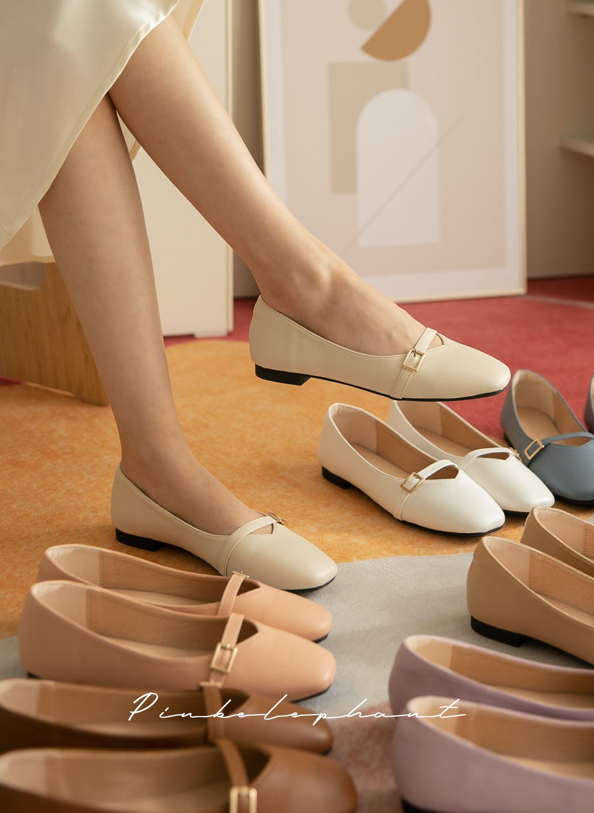 韓國 PINKELEPHANT - 金釦帶軟底低跟包鞋(1.5cm)-粉紫