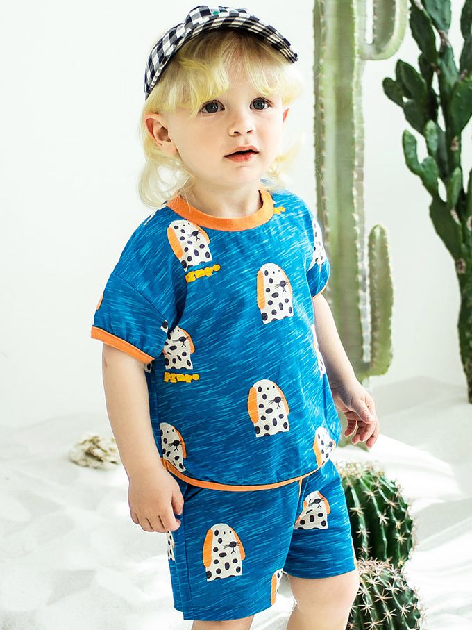 韓國 Pimpollo - 長耳斑點狗狗印短袖套裝-藍X磚紅