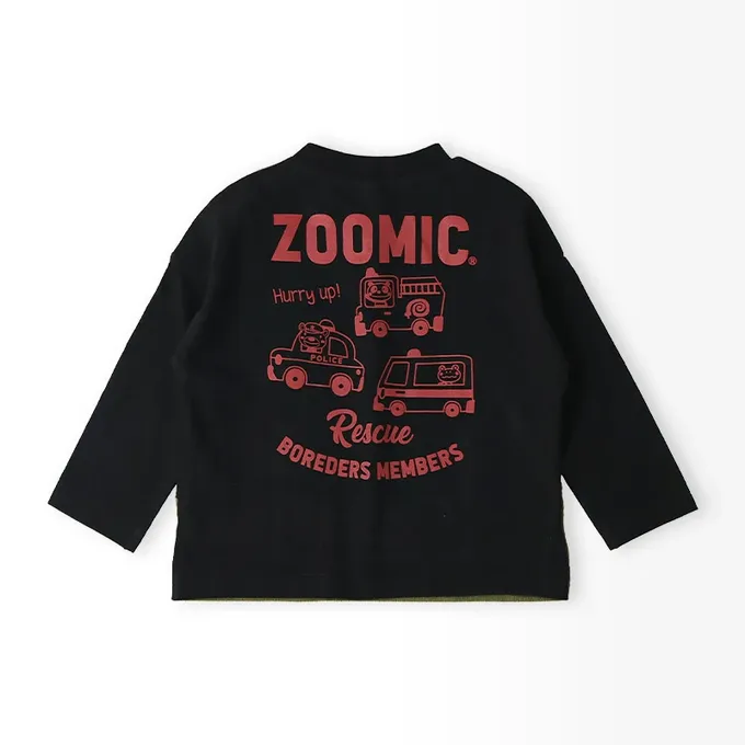 日本 ZOOLAND - 熊熊救援隊 燈芯絨吊帶拼接長袖上衣-警車-白X藍