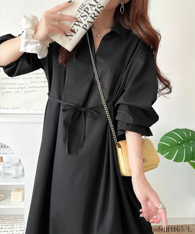 日本 Classical Elf - 糖果袖束腰修身立領長袖洋裝-卡其