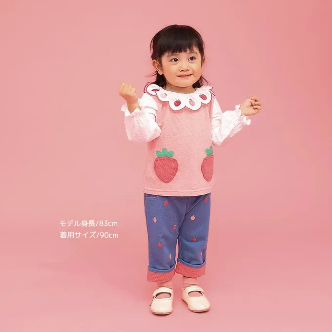 日本 ZOOLAND - 水果樂園 甜心草莓荷葉領長袖上衣-粉紅