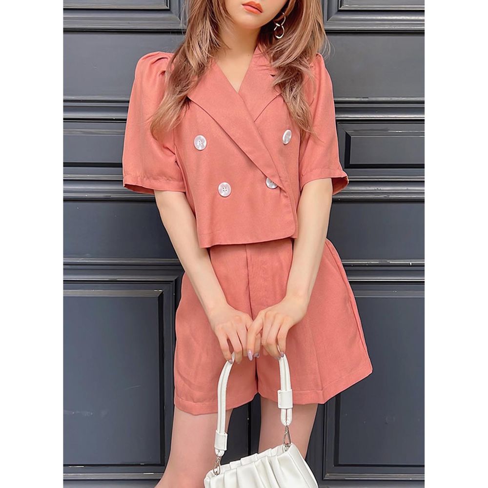 日本 GRL - 法式簡約翻領短袖西裝兩件式套裝-陽光橘