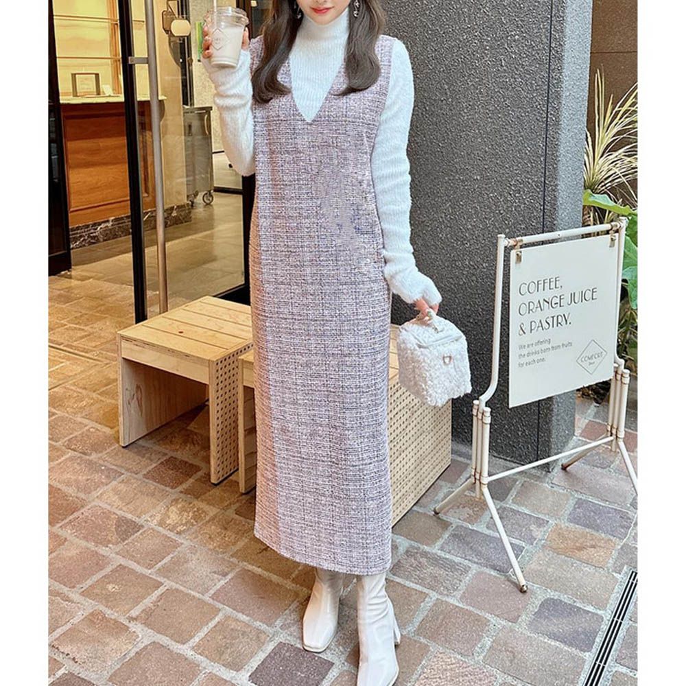 V領千金小姐花呢背心洋裝-粉紅 (F)