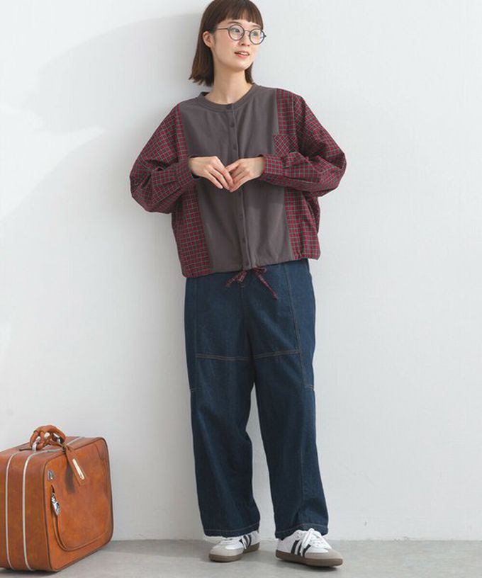 日本 Lupilien - 可愛格子拼接裏毛休閒襯衫-黑白