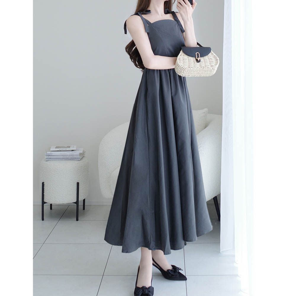 肩綁帶高腰甜美細肩帶洋裝-炭灰
