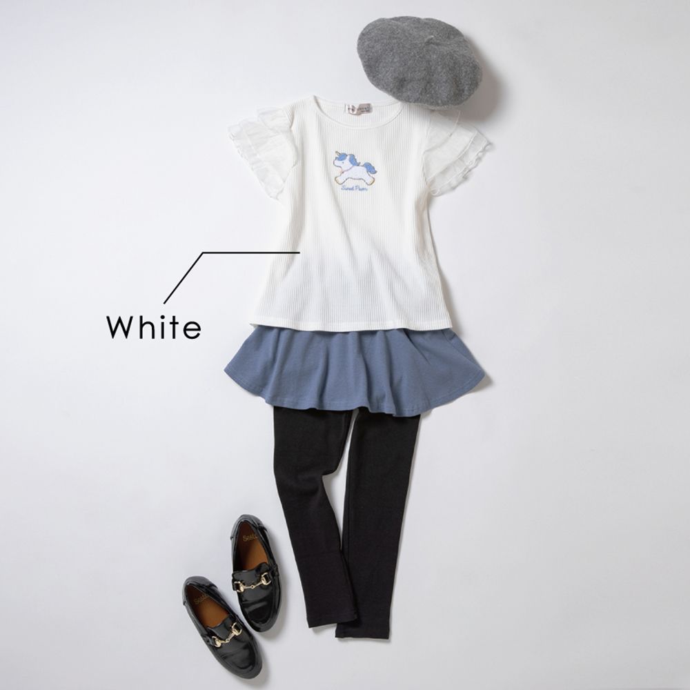 日本 evercloset - 柔軟羅紋獨角獸印花蕾絲袖上衣-粉紅