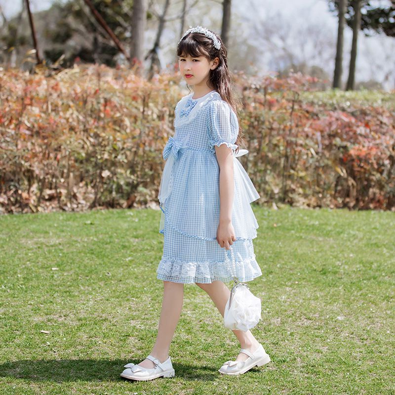 蕾絲娃娃領泡泡袖洋裝-格紋-藍+白