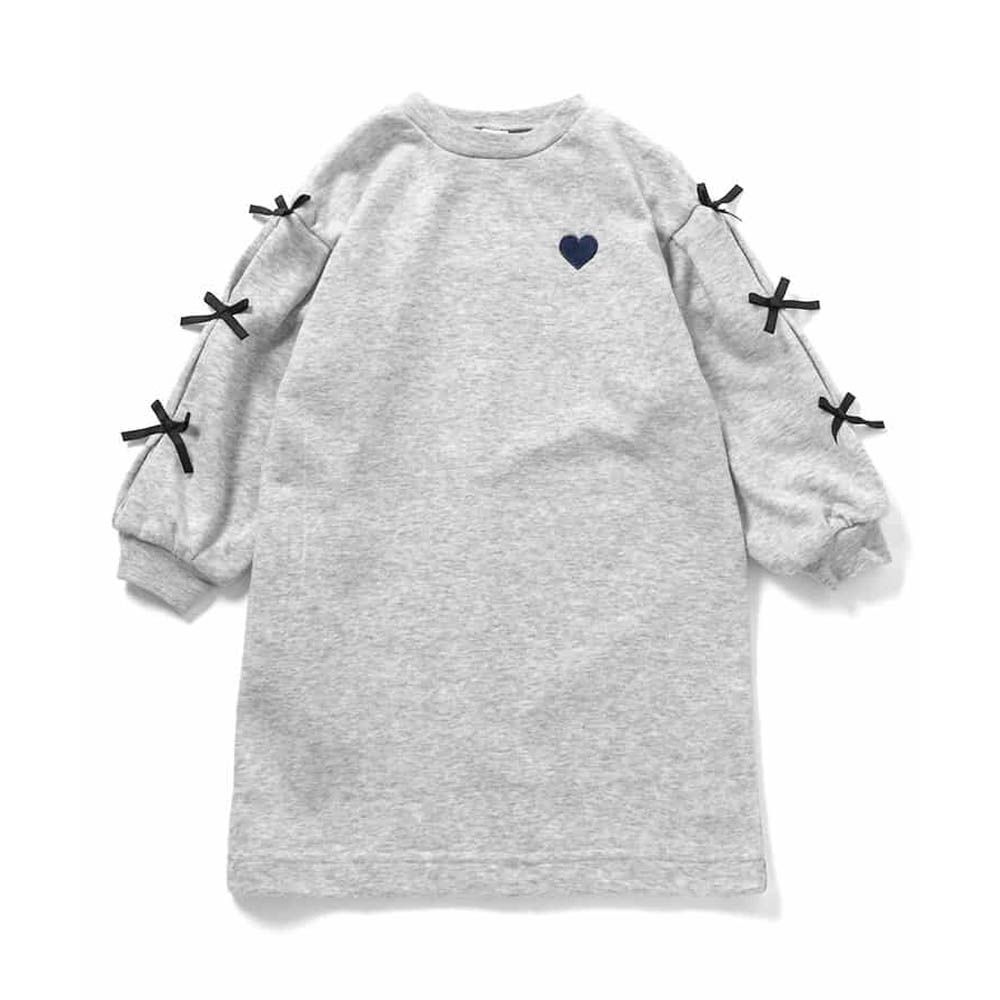 蝴蝶結綁帶刺繡愛心長袖洋裝-灰