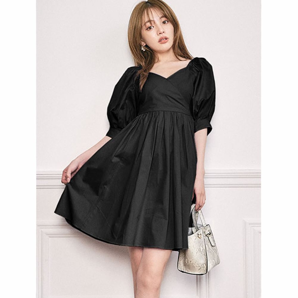 日本 GRL - 2way甜美大蝴蝶結美腰五分袖洋裝-時尚黑