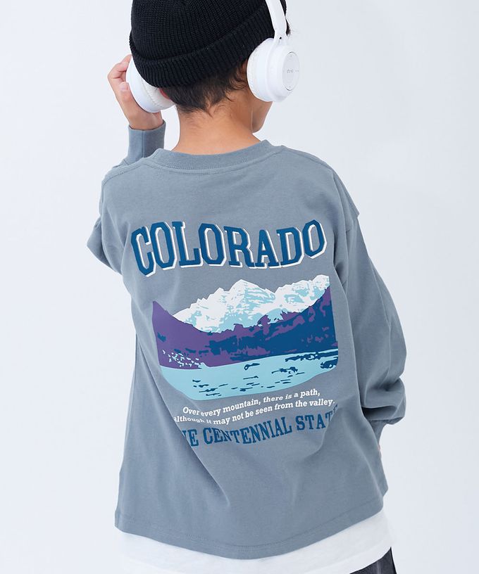 日本 devirock - 100%棉 定番印花寬版長袖上衣-PEACH LOVES-灰杏